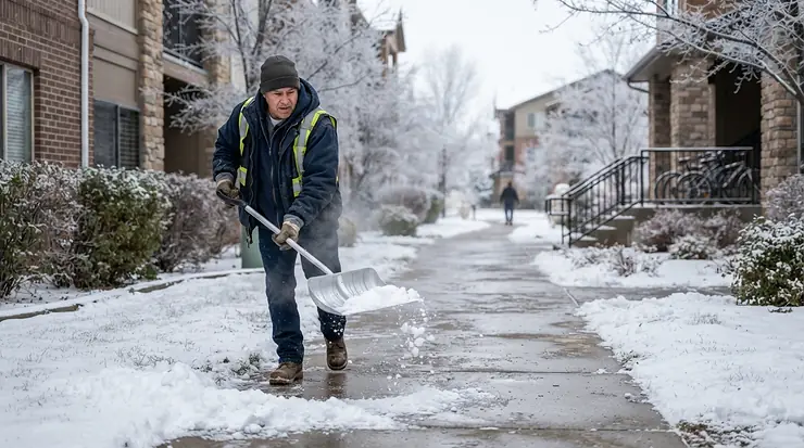 Maintenance worker wearing thermal knit work gloves while clearing snow off outdoor steps