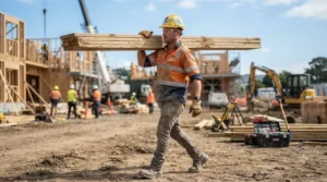 Construction worker wearing durable knit work gloves while carrying lumber on a sunny job site