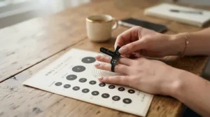 Person reviewing a glove sizing chart at a desk while holding new knit work gloves
