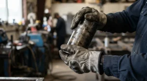 Mechanic wearing knit work gloves with grip coating while holding a heavy metal pipe