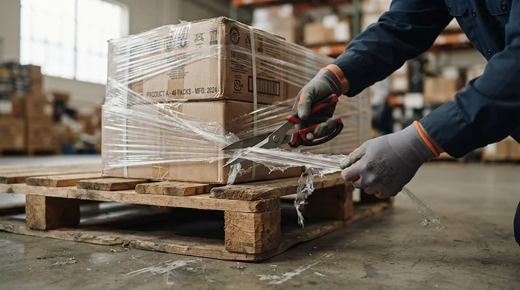 Close-up of hand protection provided by lightweight work gloves for delivery drivers handling plastic wrap