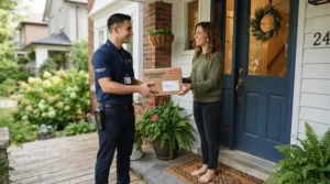 Friendly courier wearing lightweight work gloves for delivery drivers handing a parcel to a homeowner