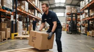 Package handler wearing lightweight work gloves for delivery drivers lifting a heavy corrugated shipping box