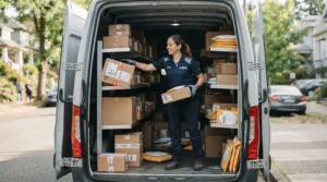 Driver wearing lightweight work gloves for delivery drivers loading cargo into the back of a delivery van