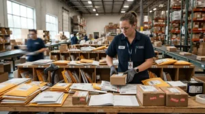 Logistics worker wearing lightweight work gloves for delivery drivers sorting small parcels on a metal shelf