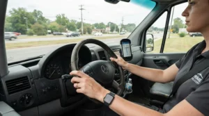 Driver wearing lightweight work gloves for delivery drivers holding the steering wheel of a commercial truck