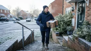 Courier wearing lightweight work gloves for delivery drivers during a cold-weather morning shift outdoors