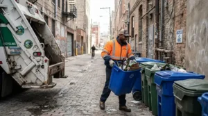 Sanitation professional wearing cut and needle stick resistant gloves for waste disposal