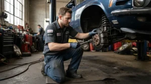 Professional mechanic wearing black TPR impact gloves working on vehicle suspension