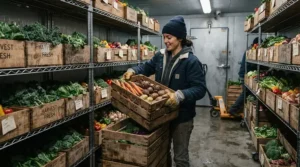 Warehouse employee wearing string knit gloves for produce handling inside a refrigerated distribution center.