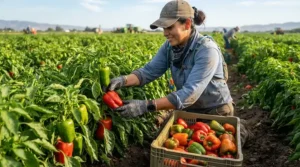 Agricultural worker utilizing string knit gloves for produce handling during a morning bell pepper harvest.