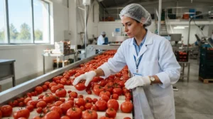 Packhouse inspector wearing string knit gloves for produce handling while sorting organic tomatoes.