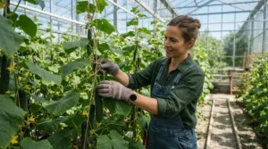 Horticulturist wearing string knit gloves for produce handling while pruning cucumber vines in a greenhouse.