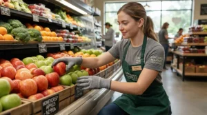 Retail worker wearing string knit gloves for produce handling while arranging fresh apples on a supermarket display.
