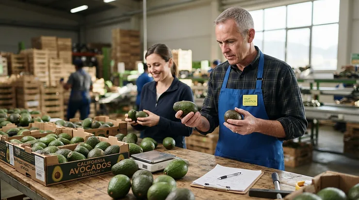 Quality control specialist wearing string knit gloves for produce handling to examine avocados.