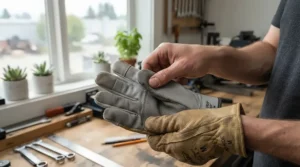 Technician checking fabric texture when choosing string knit gloves vs jersey gloves for clean packing.