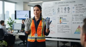 Safety supervisor displaying string knit gloves vs jersey gloves during a workplace briefing.