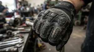 Close-up of TPR impact gloves for mechanics highlighting rubber knuckle protection
