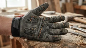 Mechanic wearing TPR impact gloves showing reinforced palm and grip texture