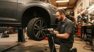 Automotive technician utilizing advanced TPR impact gloves for mechanics during a tire change