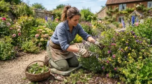 A gardener utilizing perforated work gloves for sweaty hands in summer while tending to plants.