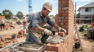 Mason laying bricks with durable work gloves for sweaty hands in summer on a hot day.