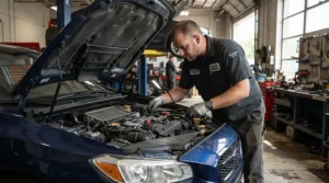 Automotive technician repairing an engine using textured work gloves for sweaty hands in summer.