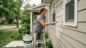 Painter holding a roller and tray with comfortable work gloves for sweaty hands in summer.