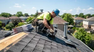 Roofer installing shingles while wearing cooling work gloves for sweaty hands in summer under bright sun.