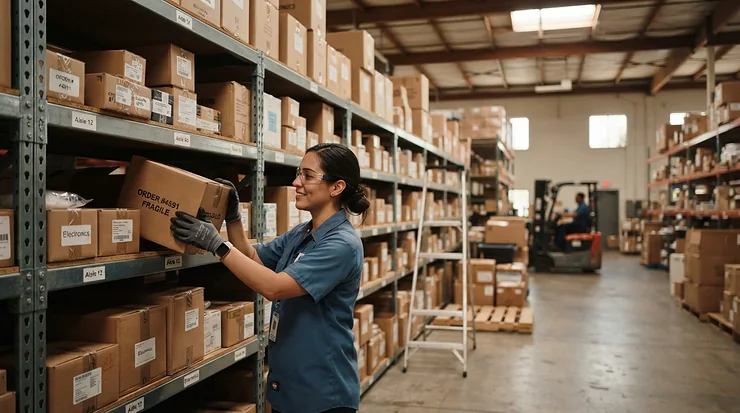 Warehouse worker organizing inventory using lightweight work gloves for sweaty hands in summer.