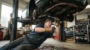 An auto mechanic wearing cowhide leather work gloves for welding a custom exhaust system in a garage.