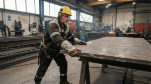 An industrial fabricator wearing durable cowhide leather work gloves for welding large steel beams.