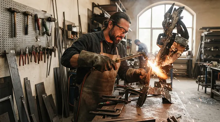 An artist creating metal art in an open studio wearing cowhide leather work gloves for welding.