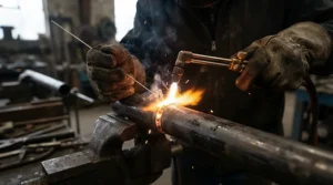 A professional using cowhide leather work gloves for welding structural steel pipes on a construction site.