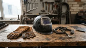 A layout of safety gear including cowhide leather work gloves for welding next to a protective helmet.