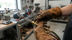 Worker safely holding a high-heat torch while wearing cowhide leather work gloves for welding.