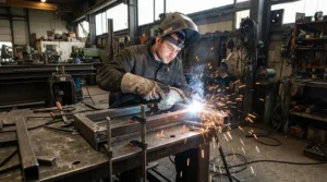 A craftsman wearing cowhide leather work gloves for welding while working at a workbench with a bright arclight.