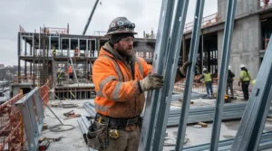 Construction worker operating heavy equipment on an active job site wearing deerskin work gloves for cold weather.