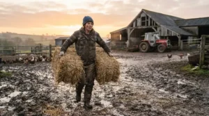 Agricultural worker feeding livestock in a frosty barn yard wearing deerskin work gloves for cold weather.