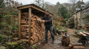 Worker stacking split logs in a backyard shed, protected by durable deerskin work gloves for cold weather.