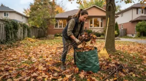 Landscaper clearing fallen tree branches and debris during late autumn using deerskin work gloves for cold weather.