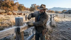 Farmer repairing a barbed wire fence in a frosty pasture using deerskin work gloves for cold weather.