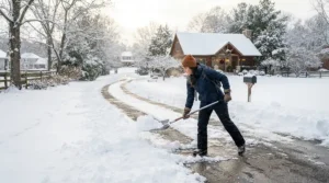 Man clearing heavy snow from a residential driveway using a snow shovel while wearing deerskin work gloves for cold weather.