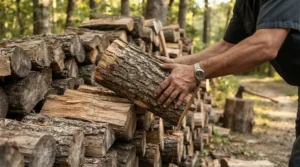 Homeowner stacking split logs for a winter fire pit wearing protective driver's style leather work gloves.
