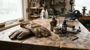 Softened driver's style leather work gloves sitting next to a leather conditioner bottle during the break-in period.