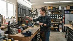 DIY enthusiast organizing hand tools on a pegboard wall wearing affordable driver's style leather work gloves.