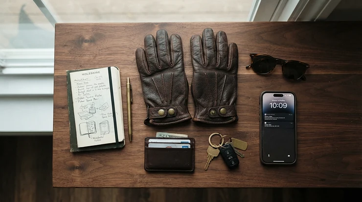 Everyday carry gear layout featuring a pocket knife, keys, and driver's style leather work gloves on a rustic table.