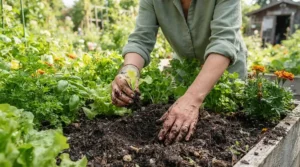 Gardener planting seasonal flowers in a suburban backyard while wearing flexible driver's style leather work gloves.