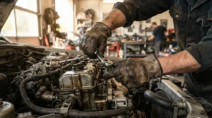 Mechanic wearing driver's style leather work gloves while tightening a bolt under the hood of a classic car.