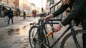 Commuter locking up a bicycle in a city plaza wearing stylish driver's style leather work gloves.